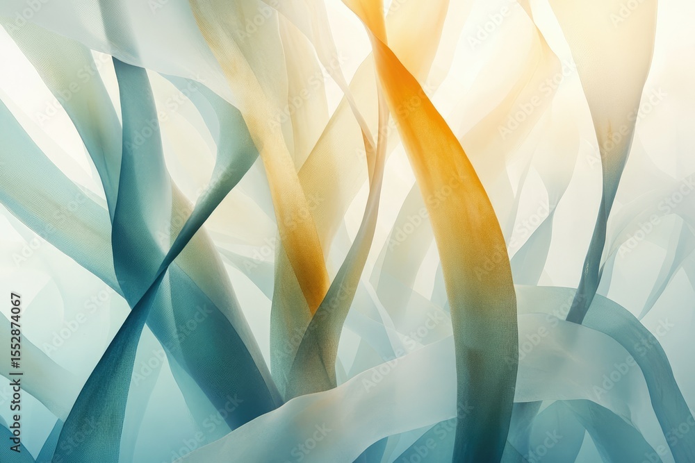 Poster abstract image of flowing, translucent fabric in teal and amber tones, creating a sense of movement 
