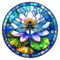 Blue Dragonfly on Pink and White Water Lily in Circular Stained Glass Design