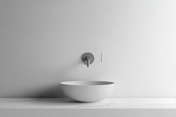 Minimalist bathroom sink with wall-mounted faucet, sleek design, white on white