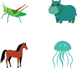 Four cartoon animals grasshopper hippo horse jellyfish
