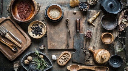 Flatlay of wooden kitchen tools spices and tea for rustic culinary setup and food styling visuals