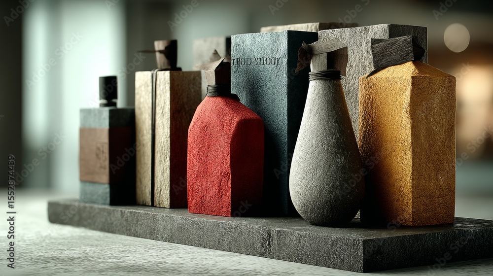 Poster abstract sculptural bottles and shapes on stone surface for modern minimal product design visuals di