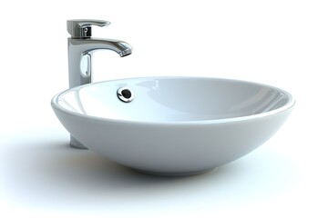 Fototapeta premium White porcelain sink with chrome faucet on white background. Modern bathroom fixture