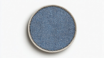 a circular denim patch with light cream stitching on the edge, realistic texture, centered on a clean white background. 3d illustration. Blue circular shape iron patch badge on white background 