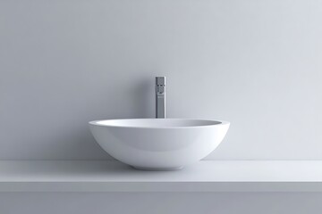 Minimalist white porcelain sink on shelf, modern design with chrome faucet, against a light gray wall