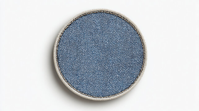 a circular denim patch with light cream stitching on the edge, realistic texture, centered on a clean white background. 3d illustration. Blue circular shape iron patch badge on white background 