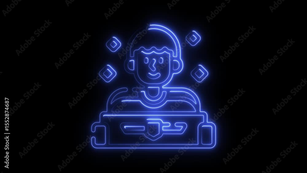Poster neon style character with briefcase and floating symbols on black background