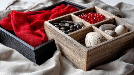 Gift box with spa stones and red towel for wellness product styling and minimalist photography visuals