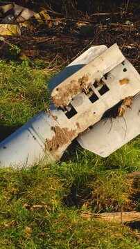 A projectile of the multiple rocket system, the Tornado got stuck in the ground during the hit. The Russian army is shelling Ukrainian villages. Russian-Ukrainian War 2022
