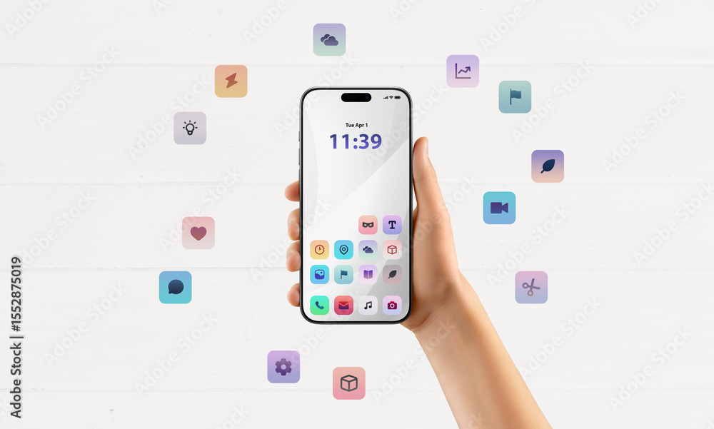 Poster Bright mobile interface with floating icons against white background, perfect for app promotion or UI/UX design showcase