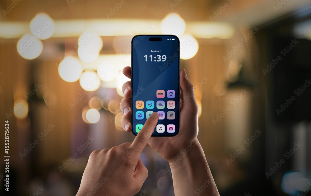 Poster Modern smartphone app interface tapped in vibrant nightlife setting, showcasing intuitive user interaction with mobile UI.