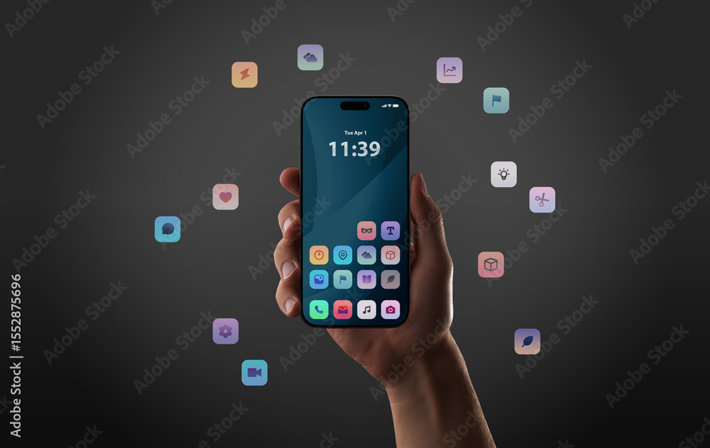 Poster Floating app icons around smartphone in dark setting highlight digital creativity and interactive mobile experience