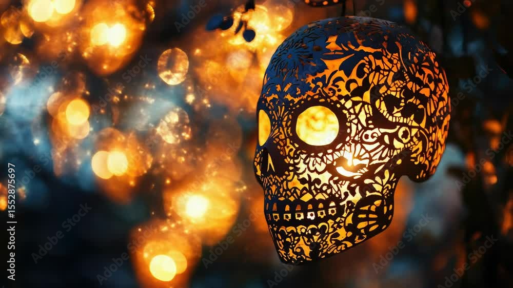 Poster a spooky scene with a lighted skull suspended from a tree branch in darkness