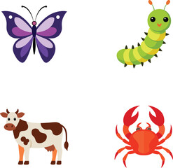 Purple butterfly green caterpillar brown cow orange crab
