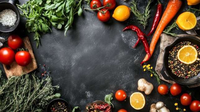 Top view of assorted vegetables and citrus fruit on black background for fresh healthy food photography visuals