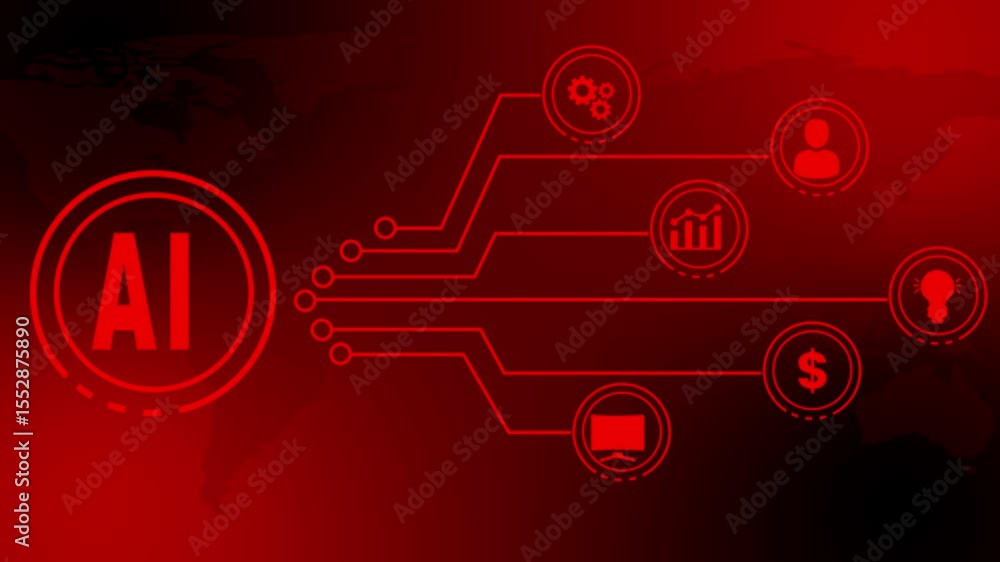 Poster ai circuitry futuristic red background with world map conceptual design