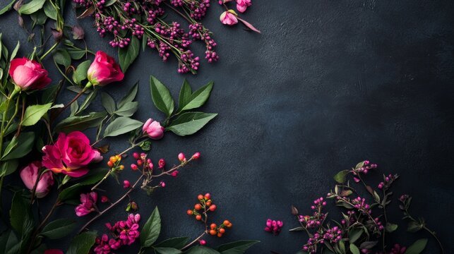 Flat lay of bright pink flowers and green leaves on dark slate for spring nature visuals