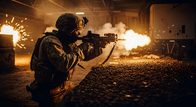 A soldier firing a rifle muzzle flash illuminating a dark dusty environment - Powered by Adobe