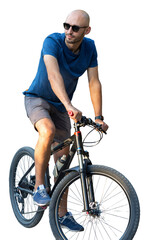 A man in casual clothes stands with a bicycle on a summer sunny day.