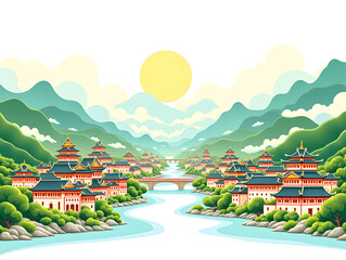 Chinese style ancient building building traditional national style ancient building national tide illustration background