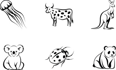 Six animal icons jellyfish cow kangaroo koala ladybug panda