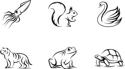 Six black and white animal illustrations on white background