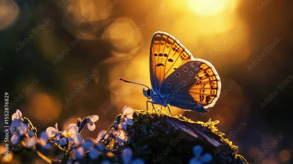 Poster a butterfly sits on top of a moss-covered rock in a natural setting