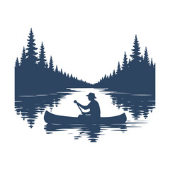 Silhouette of a man canoeing on a lake with pine trees and mountain landscape . outdoor adventure, nature, travel, and wilderness concept.