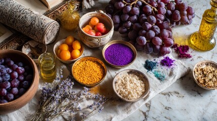 Colorful Indian spices and herbs in bowls with mortar pestle and oil bottle for culinary photography visuals