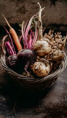 Basket of root vegetables with dirt still on them eco rustic vibe