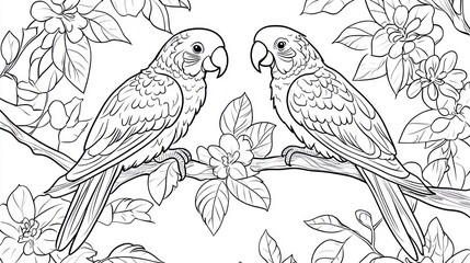 Fototapeta premium Parrots on branch, floral background (4)
