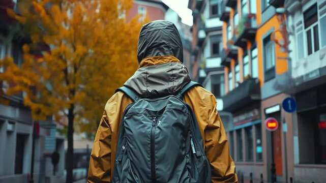 A young man walks along the city streets. Urban atmosphere, the concept of finding yourself, starting a new path, travel, discoveries and inner growth