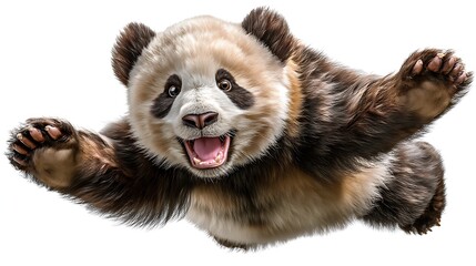 Obraz premium Happy Panda Jumping in Mid-Air with Joyful Expression Against a Clean White Background