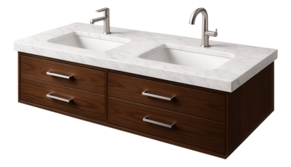 A vanity unit with a marble countertop and double sinks, perfect for a family home?s combined bathroom to accommodate multiple users.