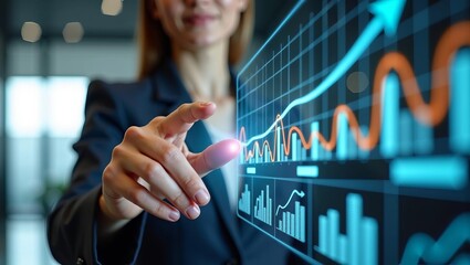 Business growth and data analysis innovation with businesswoman interacting with digital financial chart and analytics interface