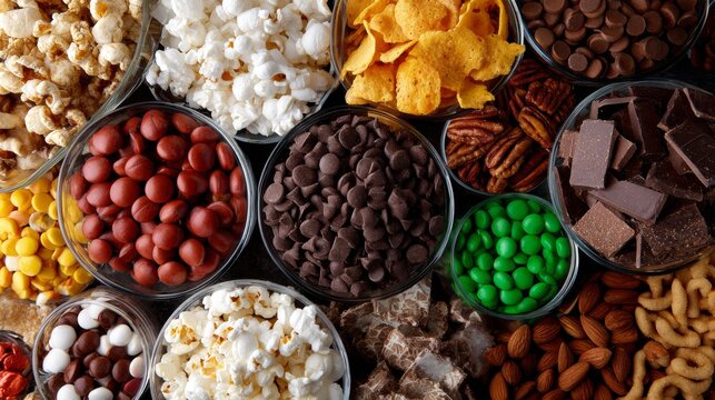 Top view of assorted sweet snacks and popcorn in metal bowls for food commercial photography visuals