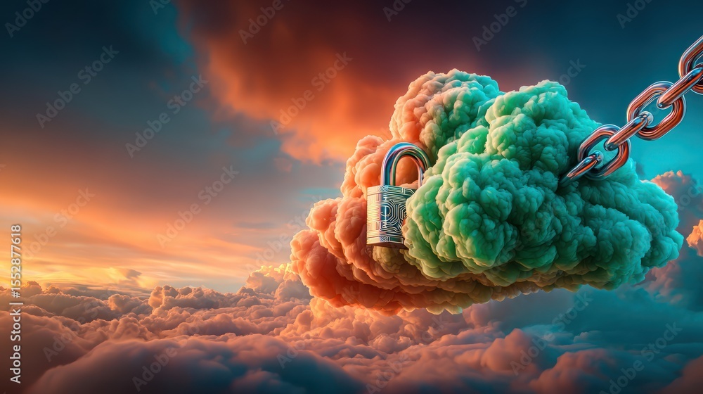 Poster cloud computing security network solutions digital atmosphere conceptual illustration futuristic env