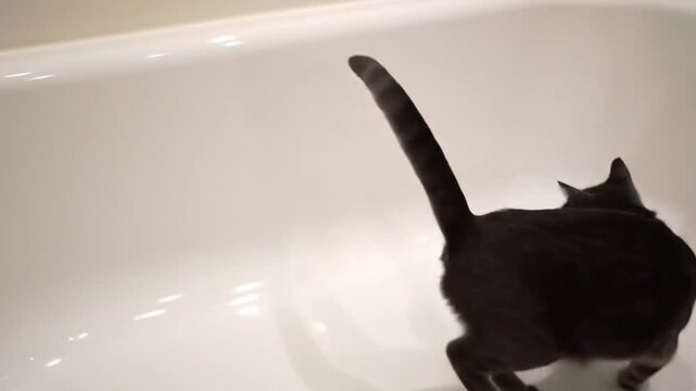 Gray kitten exploring empty bathtub