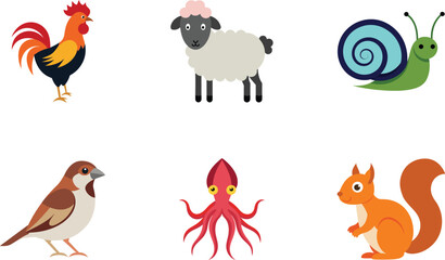 Six cartoon animals including a rooster a sheep a snail a sparrow an octopus and a squirrel