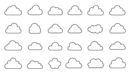 A collection of a various simple black and white cloud vector icons in line art.