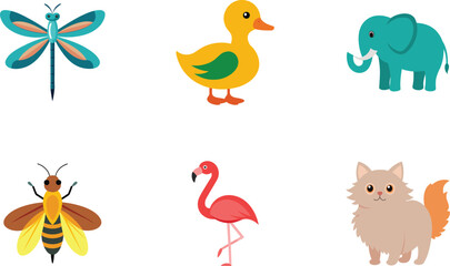 Six cartoon animals including a dragonfly duck elephant bee flamingo and cat