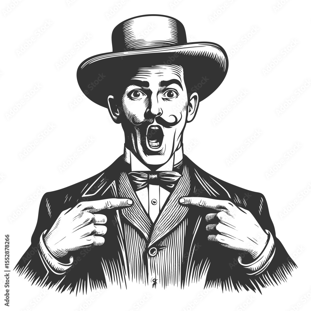 Poster shocked victorian man with mustache and bowler hat pointing at himself dramatically sketch engraving