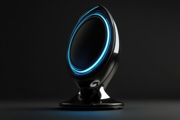 Sleek, futuristic speaker with a teardrop design and vibrant blue neon accent ring.
