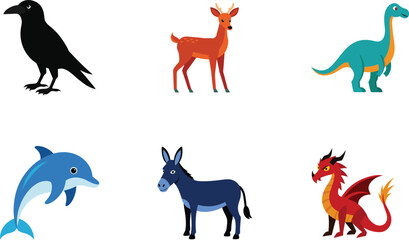 Six cartoon animals including crow deer dinosaur dolphin donkey dragon