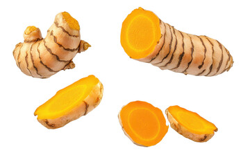 Vibrant turmeric roots and fresh slices showcased against a clean background highlighting their rich color and texture