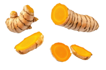 Vibrant turmeric roots and fresh slices showcased against a clean background highlighting their rich color and texture