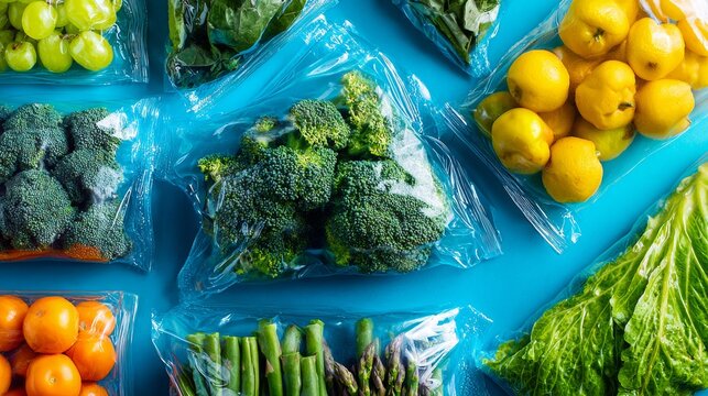 Fresh vegetables vacuum packed in plastic bags for meal prep healthy eating diet preservation photography concepts