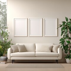Minimalist living room with off-white sofa, three empty white framed pictures, and potted plants flanking a neutral rug