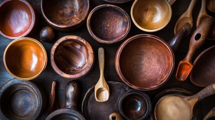 Wooden spoons and handmade clay bowls arranged on rustic surface for cooking artisan kitchenware flatlay photography style