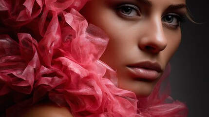 Closeup portrait of woman in soft pink ruffled fabric for glamorous fashion editorial beauty photography scene